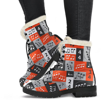 Music Note Design Themed Print Faux Fur Leather Boots-JTAMIGO.COM