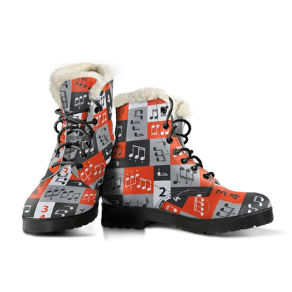 Music Note Design Themed Print Faux Fur Leather Boots-JTAMIGO.COM