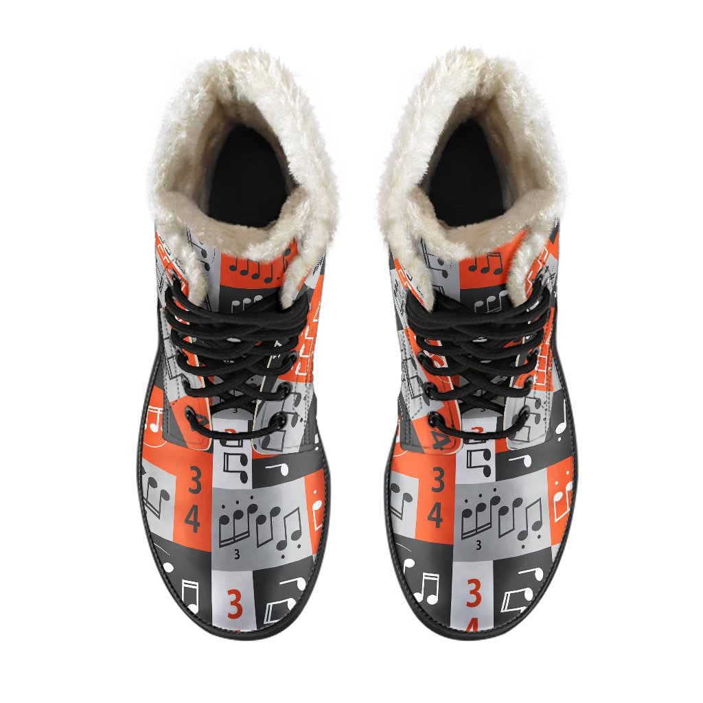 Music Note Design Themed Print Faux Fur Leather Boots-JTAMIGO.COM