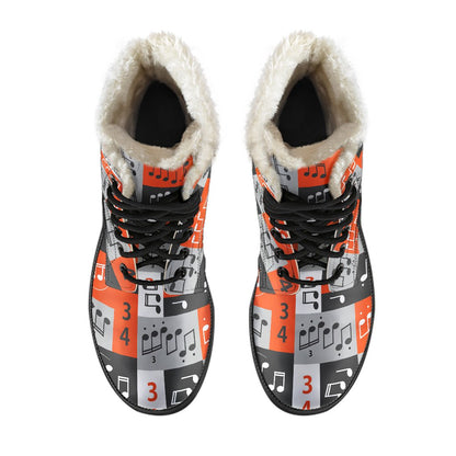 Music Note Design Themed Print Faux Fur Leather Boots-JTAMIGO.COM