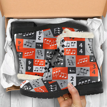 Music Note Design Themed Print Faux Fur Leather Boots-JTAMIGO.COM