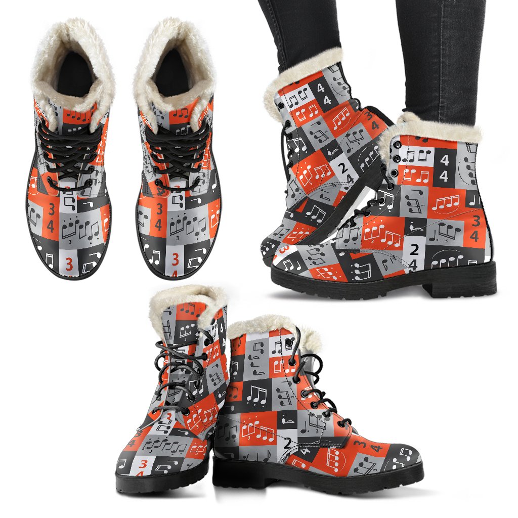 Music Note Design Themed Print Faux Fur Leather Boots-JTAMIGO.COM