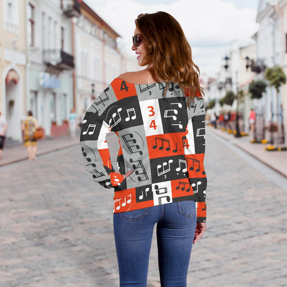 Music Note Design Themed Print Off Shoulder Sweatshirt