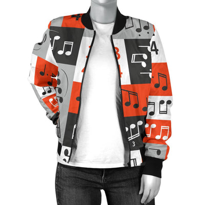 Music Note Design Themed Print Women Casual Bomber Jacket