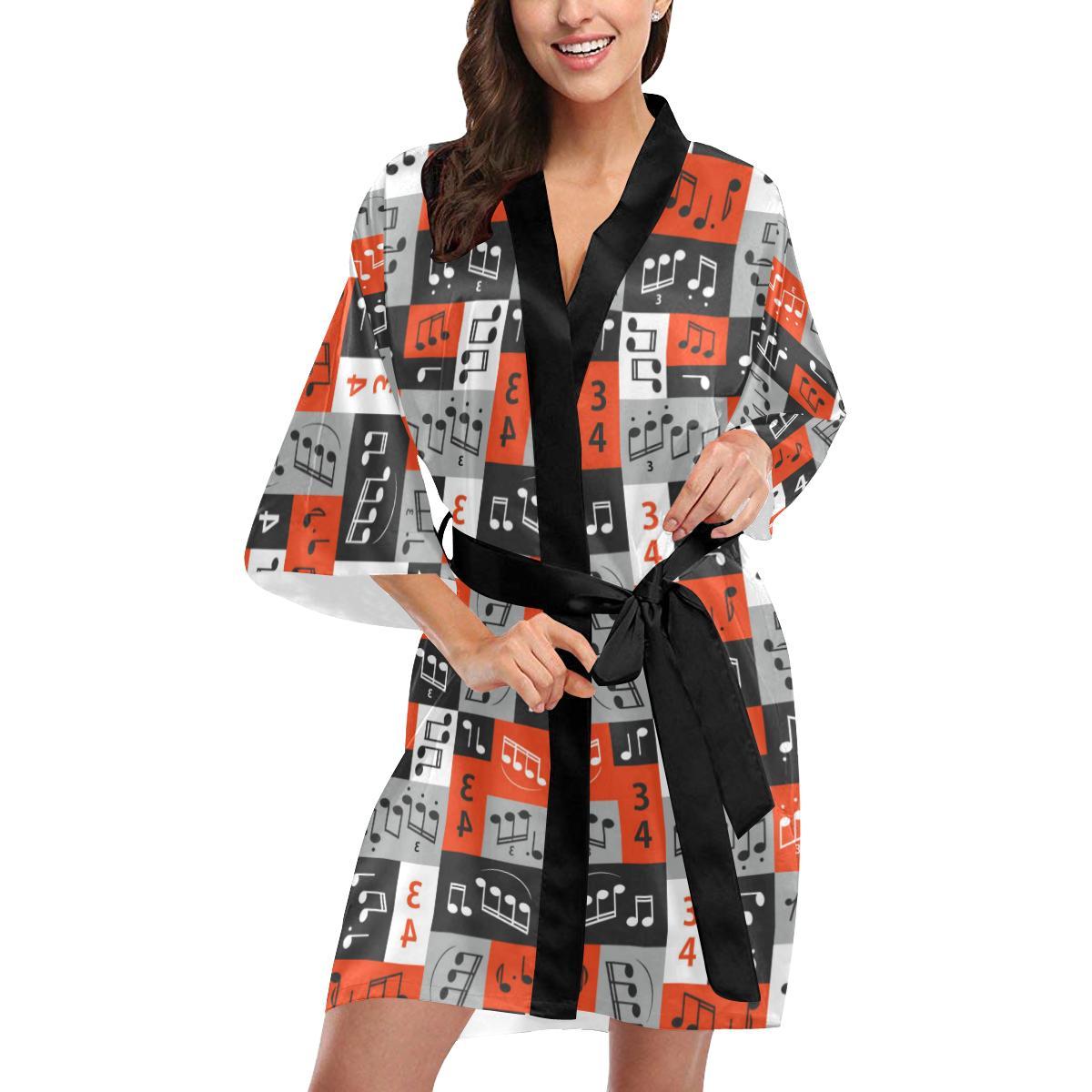 Music Note Design Themed Print Women Short Kimono Robe