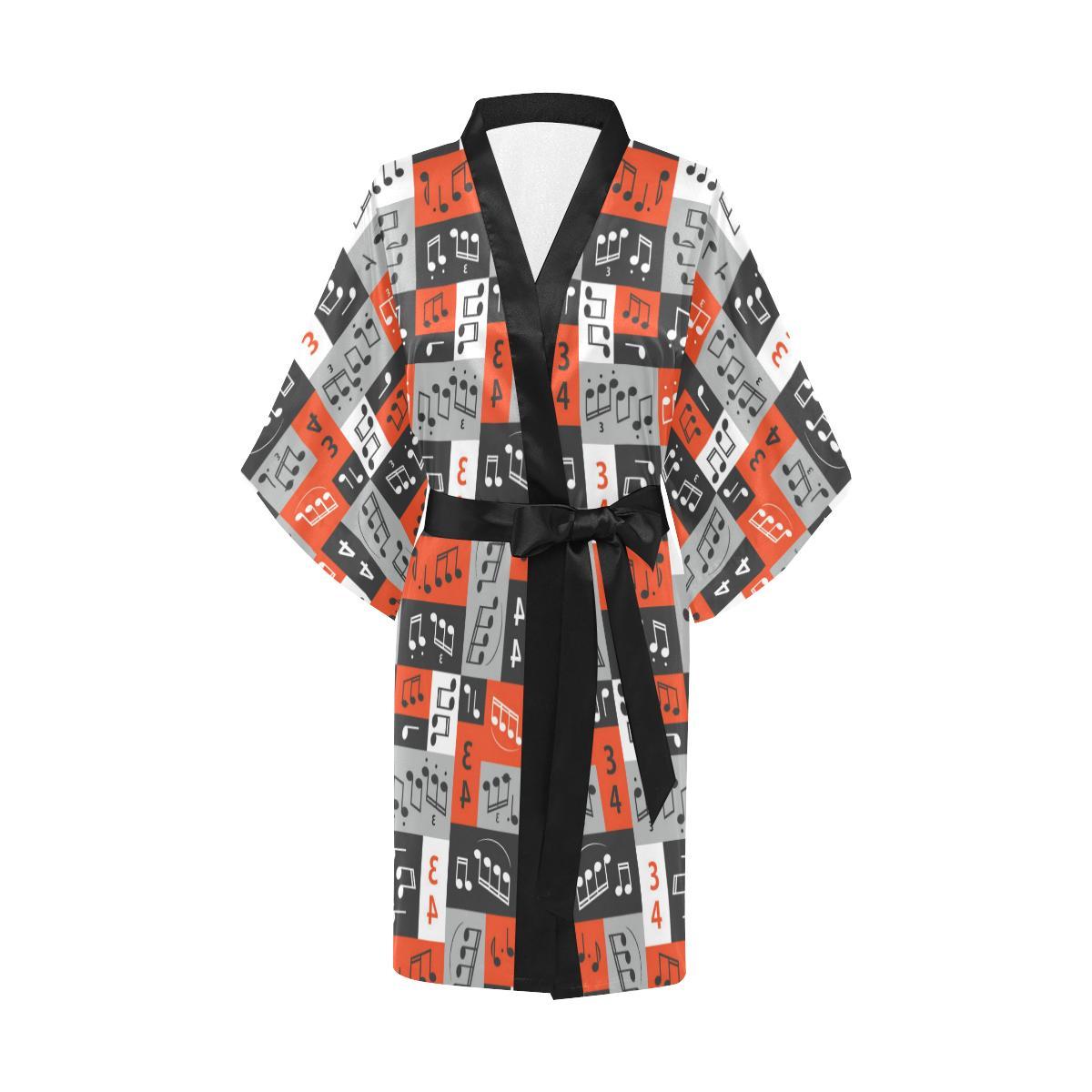 Music Note Design Themed Print Women Short Kimono Robe