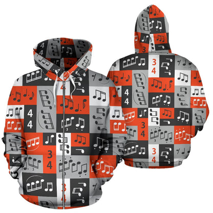 Music Note Design Themed Print Zip Up Hoodie
