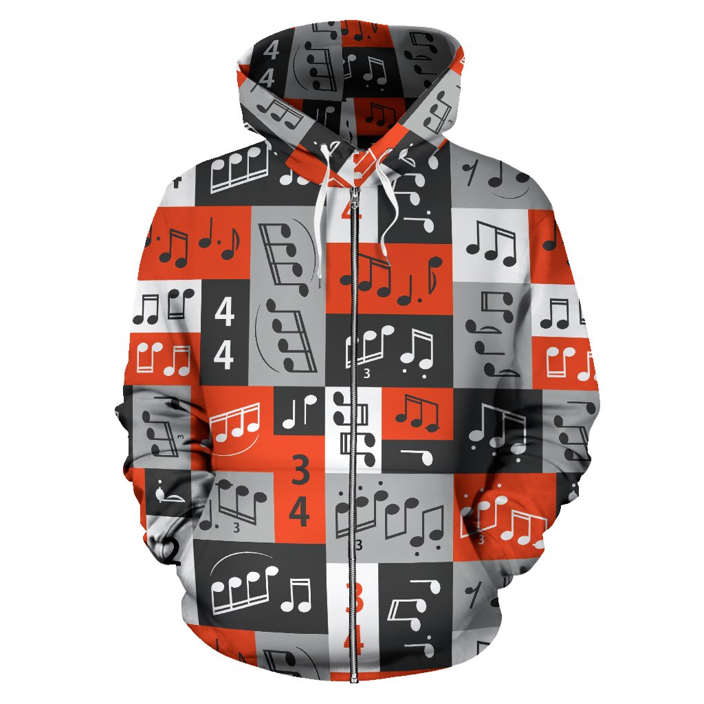Music Note Design Themed Print Zip Up Hoodie