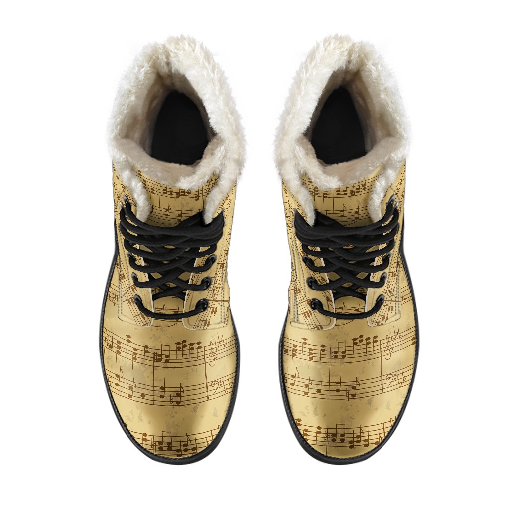 Music Note Vintage Themed Print Faux Fur Leather Boots-JTAMIGO.COM