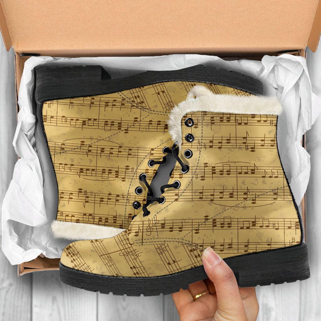 Music Note Vintage Themed Print Faux Fur Leather Boots-JTAMIGO.COM