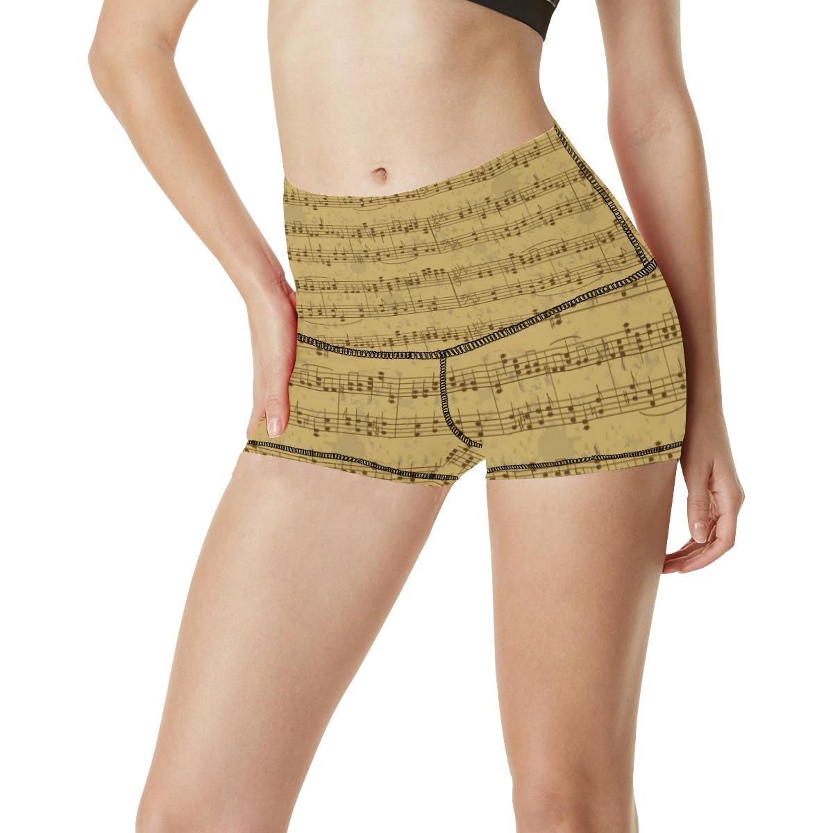 Music Note Vintage Themed Print High Waisted Spandex Shorts-JTAMIGO.COM