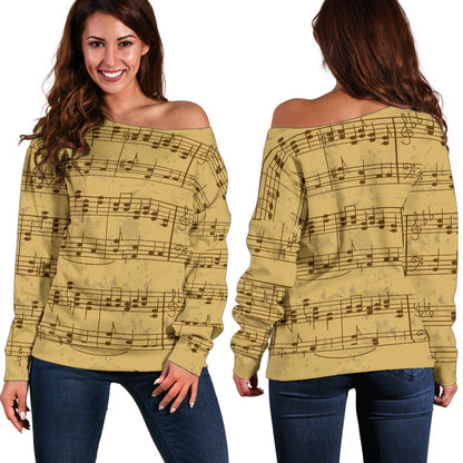 Music Note Vintage Themed Print Off Shoulder Sweatshirt