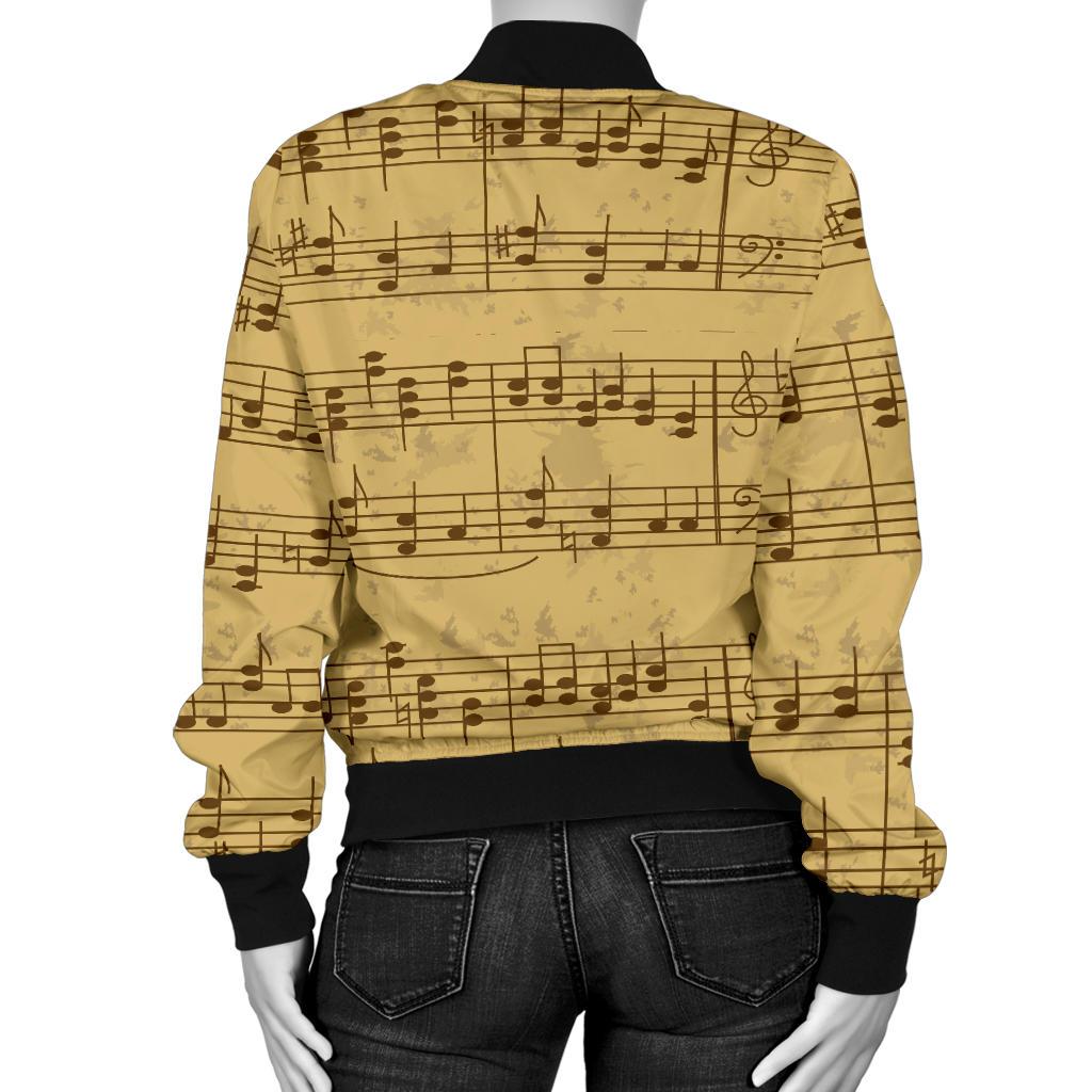 Music Note Vintage Themed Print Women Casual Bomber Jacket