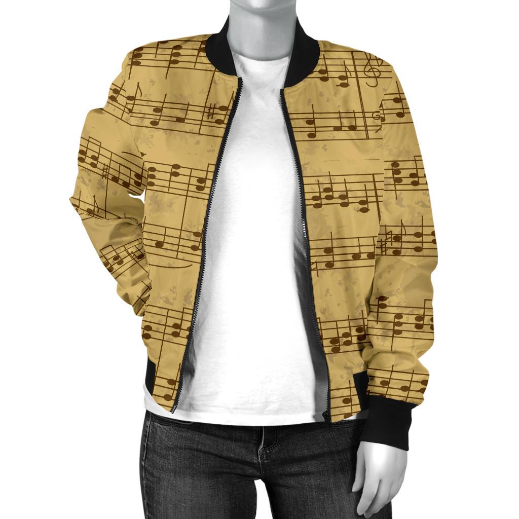 Music Note Vintage Themed Print Women Casual Bomber Jacket