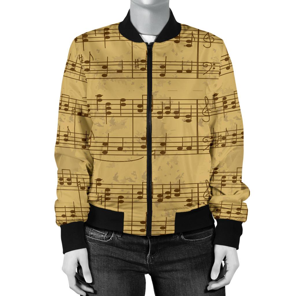 Music Note Vintage Themed Print Women Casual Bomber Jacket