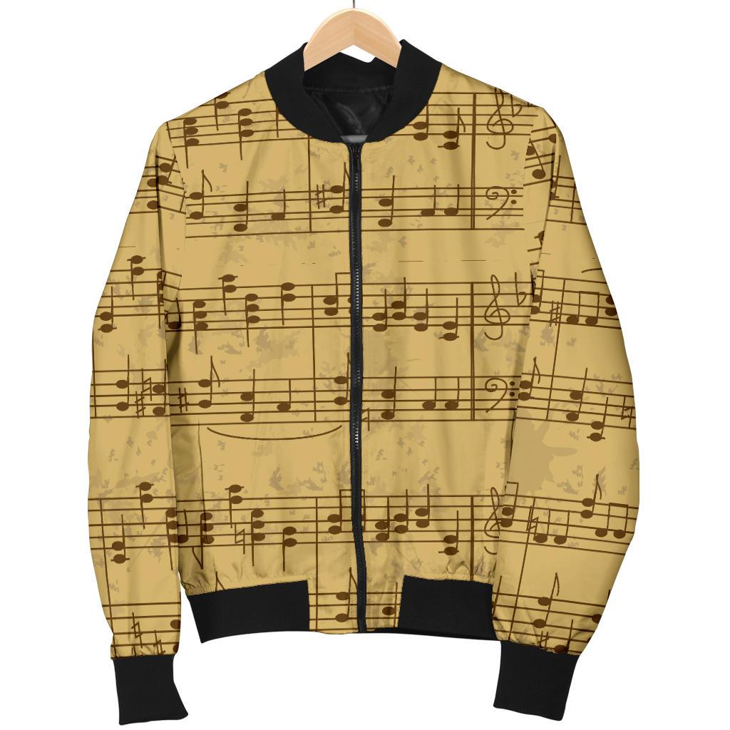 Music Note Vintage Themed Print Women Casual Bomber Jacket