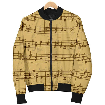 Music Note Vintage Themed Print Women Casual Bomber Jacket