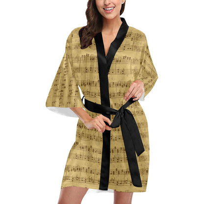 Music Note Vintage Themed Print Women Short Kimono Robe
