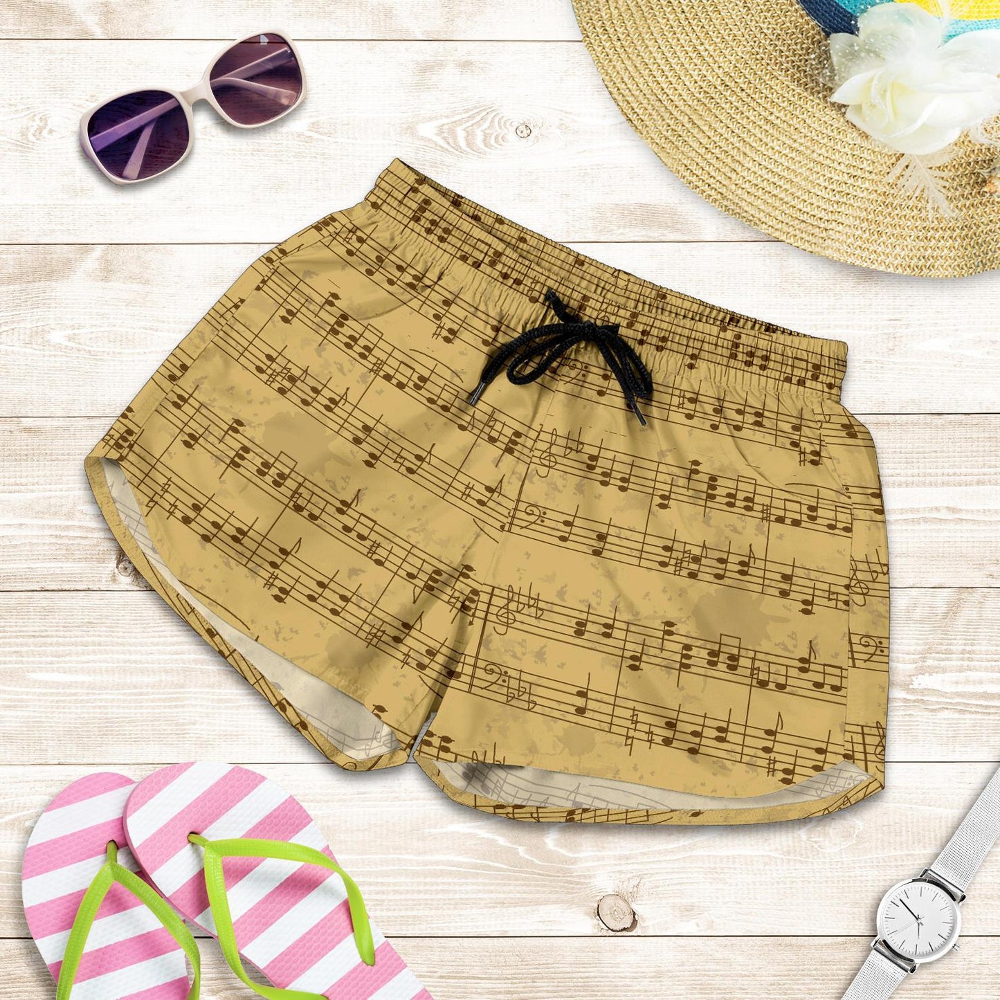 Music Note Vintage Themed Print Women Shorts-JTAMIGO.COM