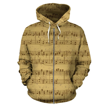 Music Note Vintage Themed Print Zip Up Hoodie
