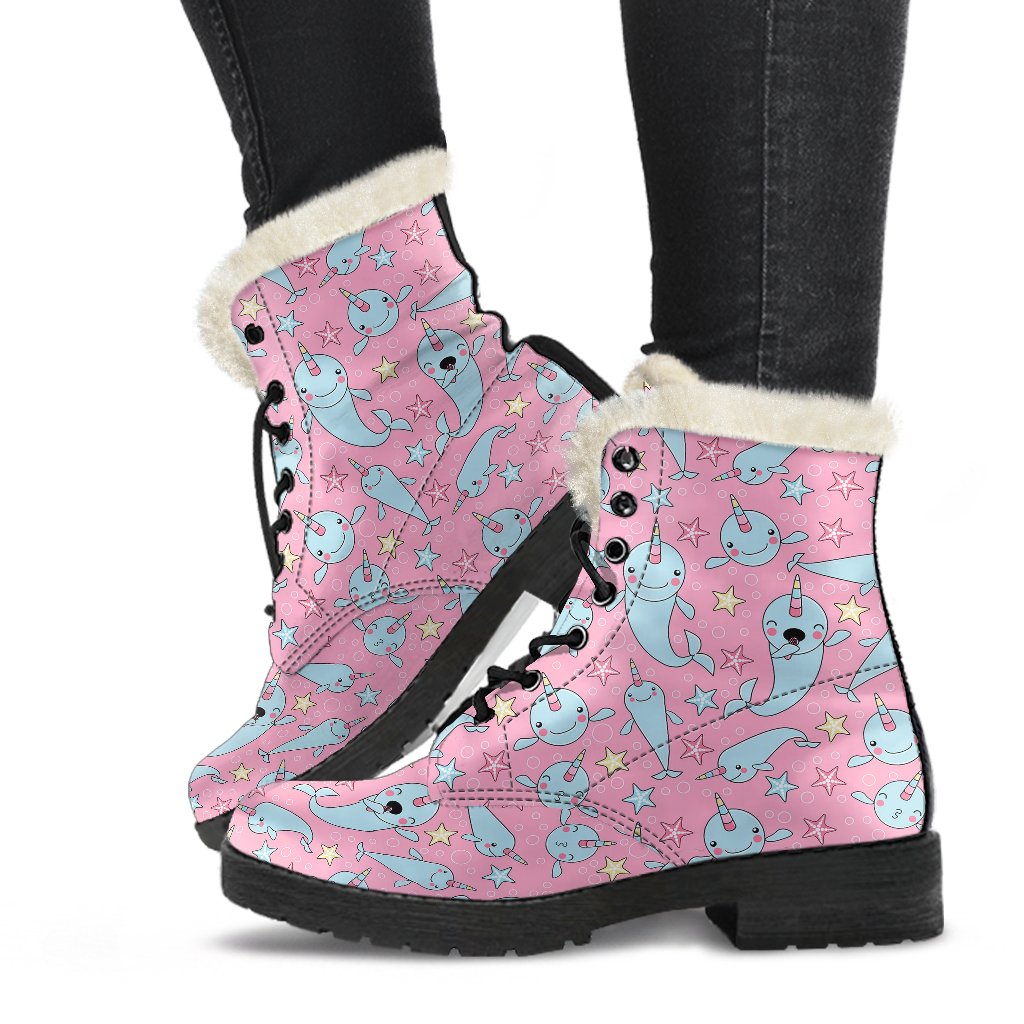 Narwhal Cartoon Cute Print Faux Fur Leather Boots-JTAMIGO.COM