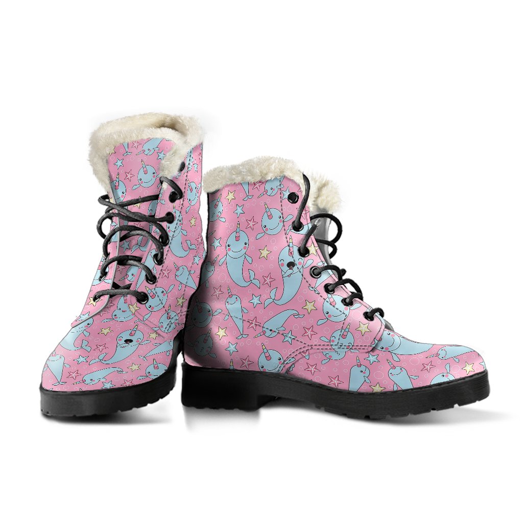 Narwhal Cartoon Cute Print Faux Fur Leather Boots-JTAMIGO.COM