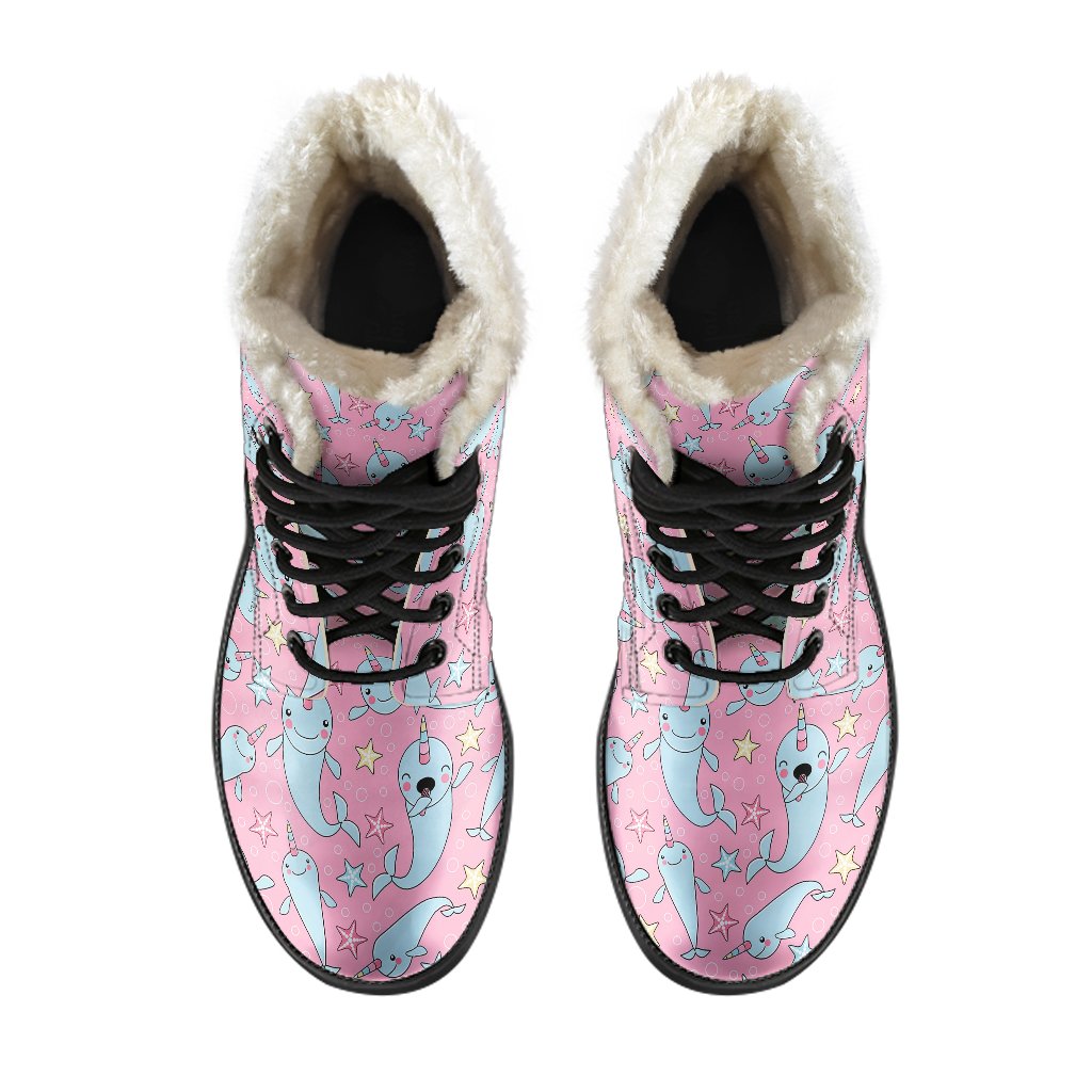 Narwhal Cartoon Cute Print Faux Fur Leather Boots-JTAMIGO.COM
