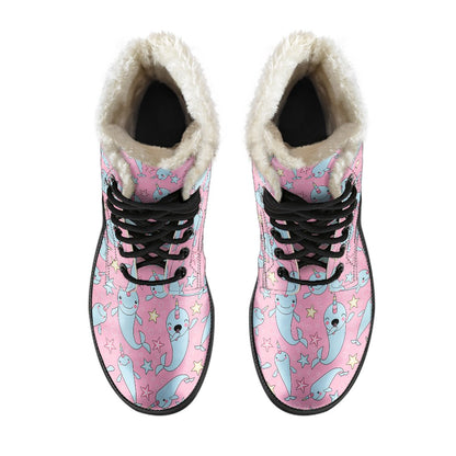 Narwhal Cartoon Cute Print Faux Fur Leather Boots-JTAMIGO.COM