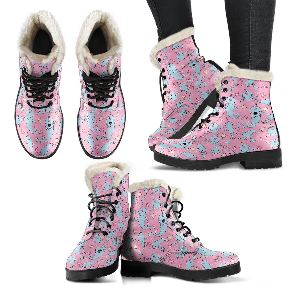 Narwhal Cartoon Cute Print Faux Fur Leather Boots-JTAMIGO.COM
