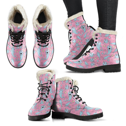 Narwhal Cartoon Cute Print Faux Fur Leather Boots-JTAMIGO.COM
