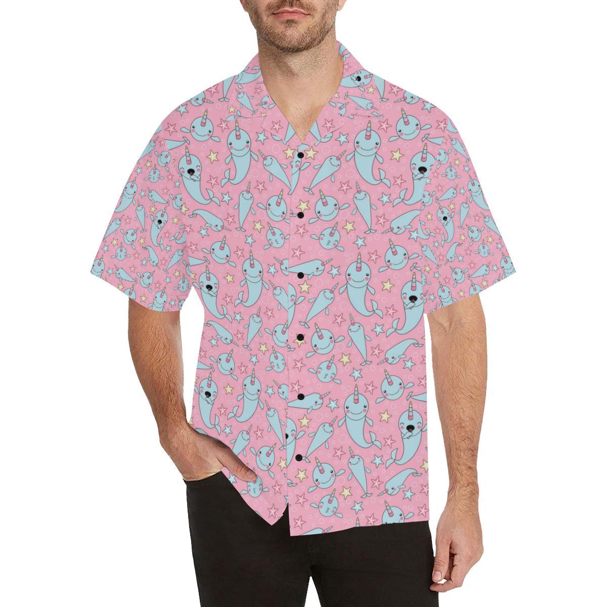 Narwhal Cartoon Cute Print Men Aloha Hawaiian Shirt