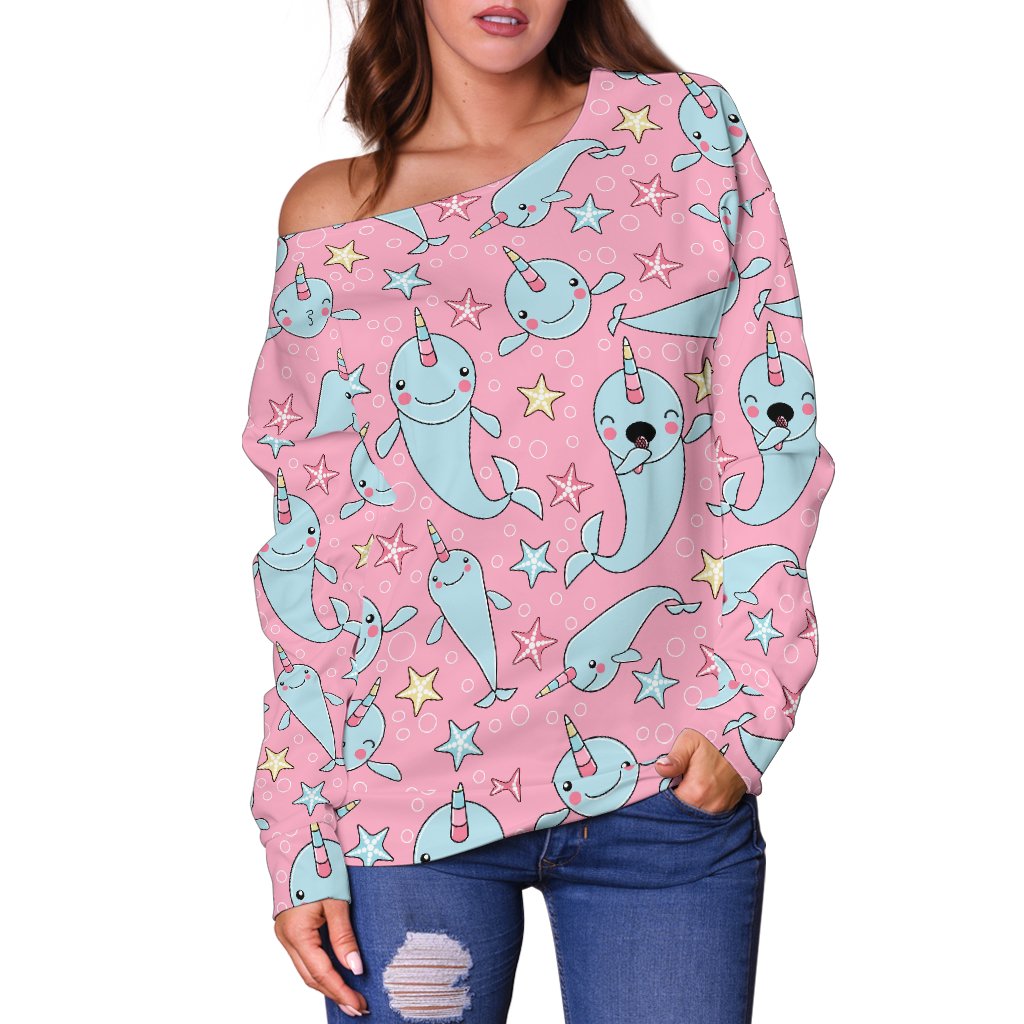 Narwhal Cartoon Cute Print Off Shoulder Sweatshirt