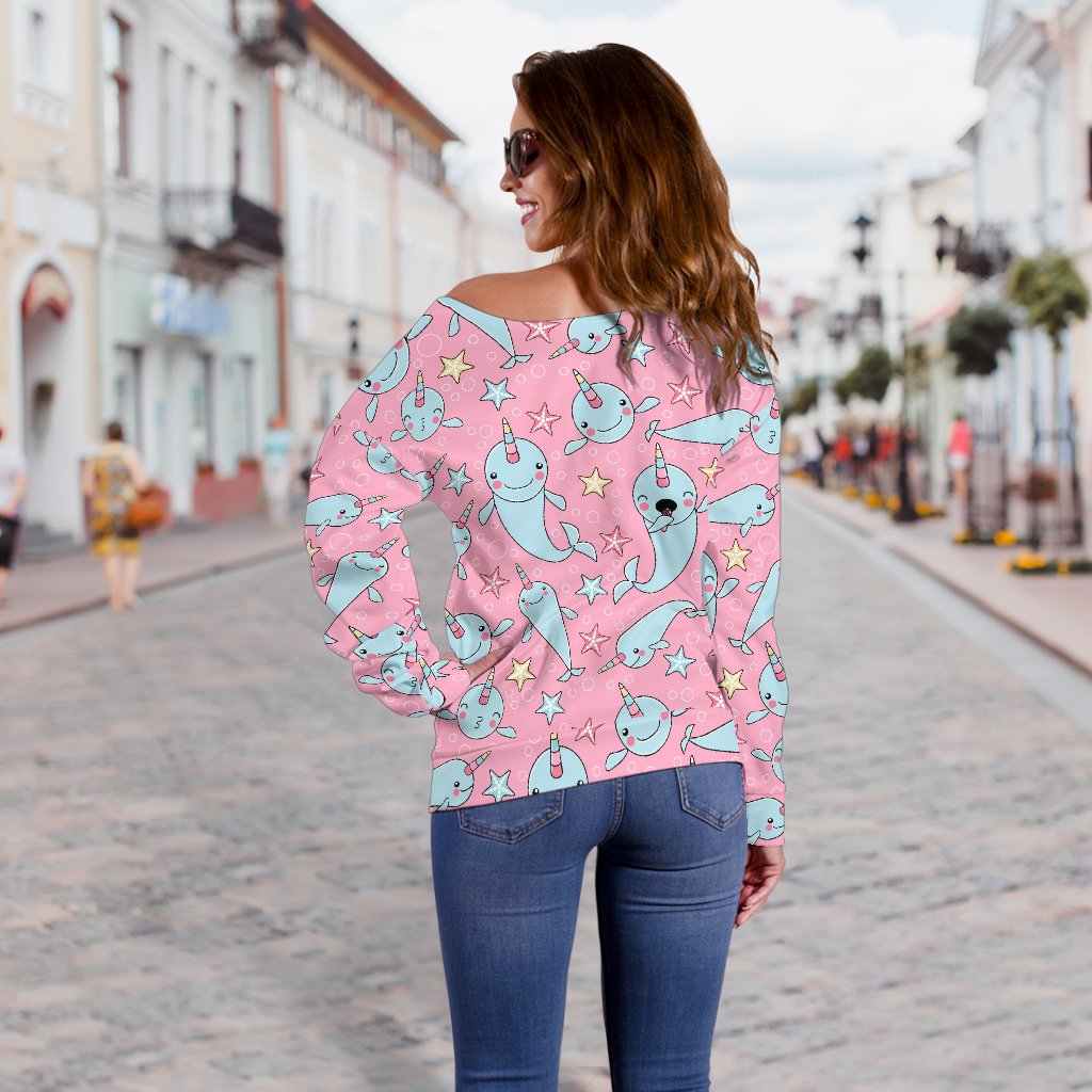 Narwhal Cartoon Cute Print Off Shoulder Sweatshirt