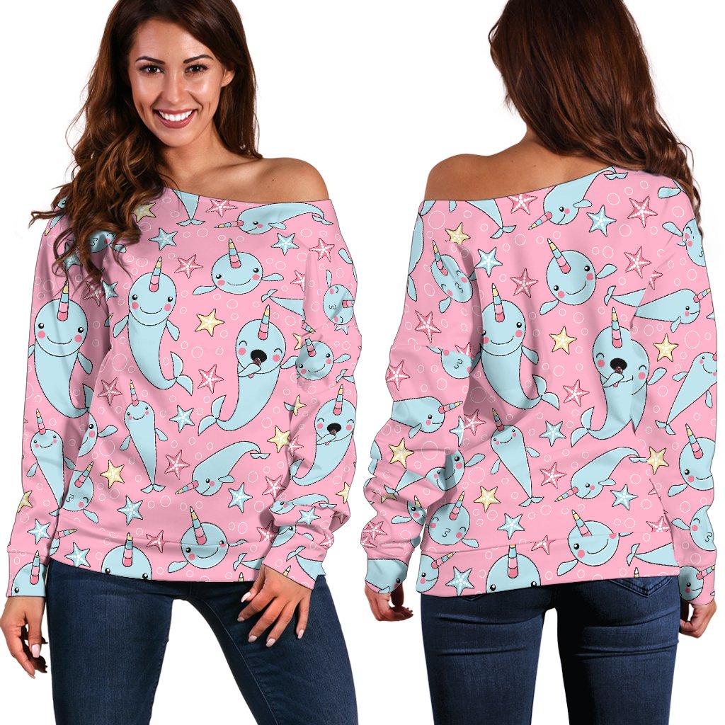 Narwhal Cartoon Cute Print Off Shoulder Sweatshirt