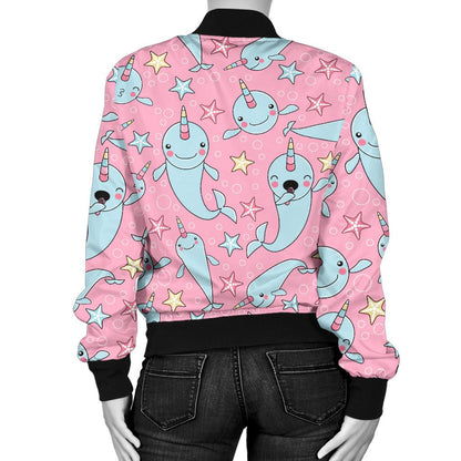 Narwhal Cartoon Cute Print Women Casual Bomber Jacket