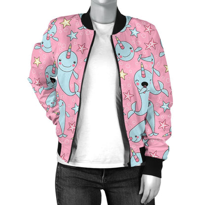 Narwhal Cartoon Cute Print Women Casual Bomber Jacket