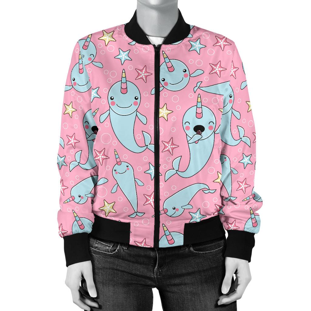 Narwhal Cartoon Cute Print Women Casual Bomber Jacket