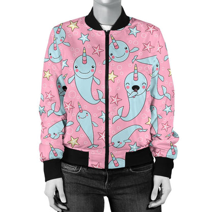 Narwhal Cartoon Cute Print Women Casual Bomber Jacket