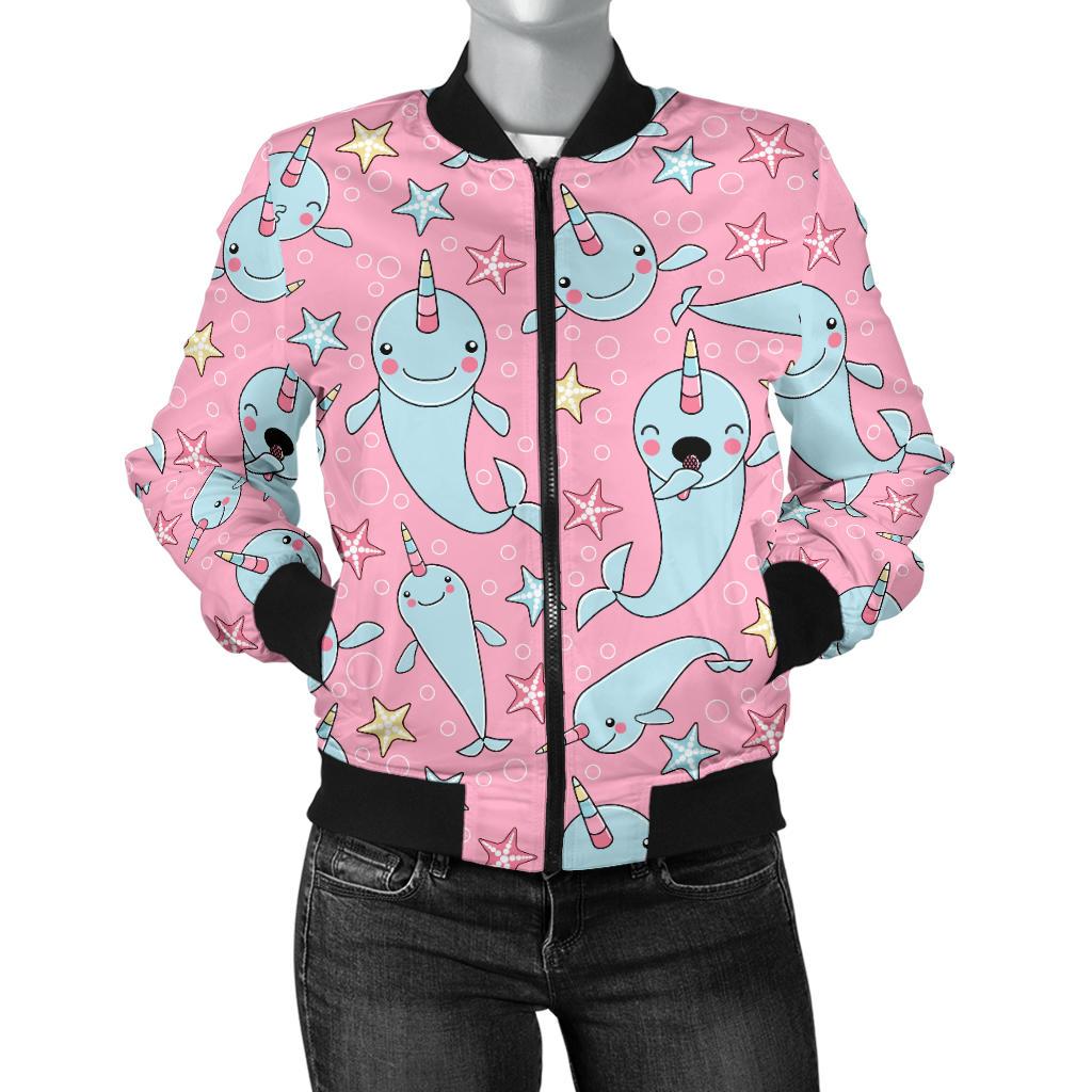 Narwhal Cartoon Cute Print Women Casual Bomber Jacket