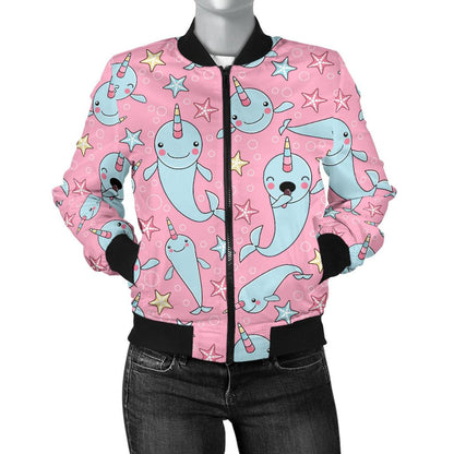 Narwhal Cartoon Cute Print Women Casual Bomber Jacket