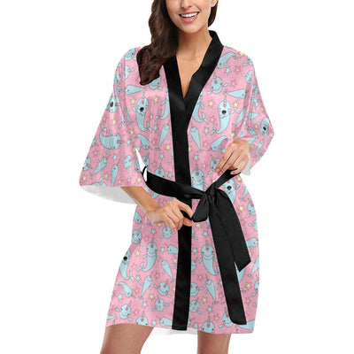 Narwhal Cartoon Cute Print Women Short Kimono Robe