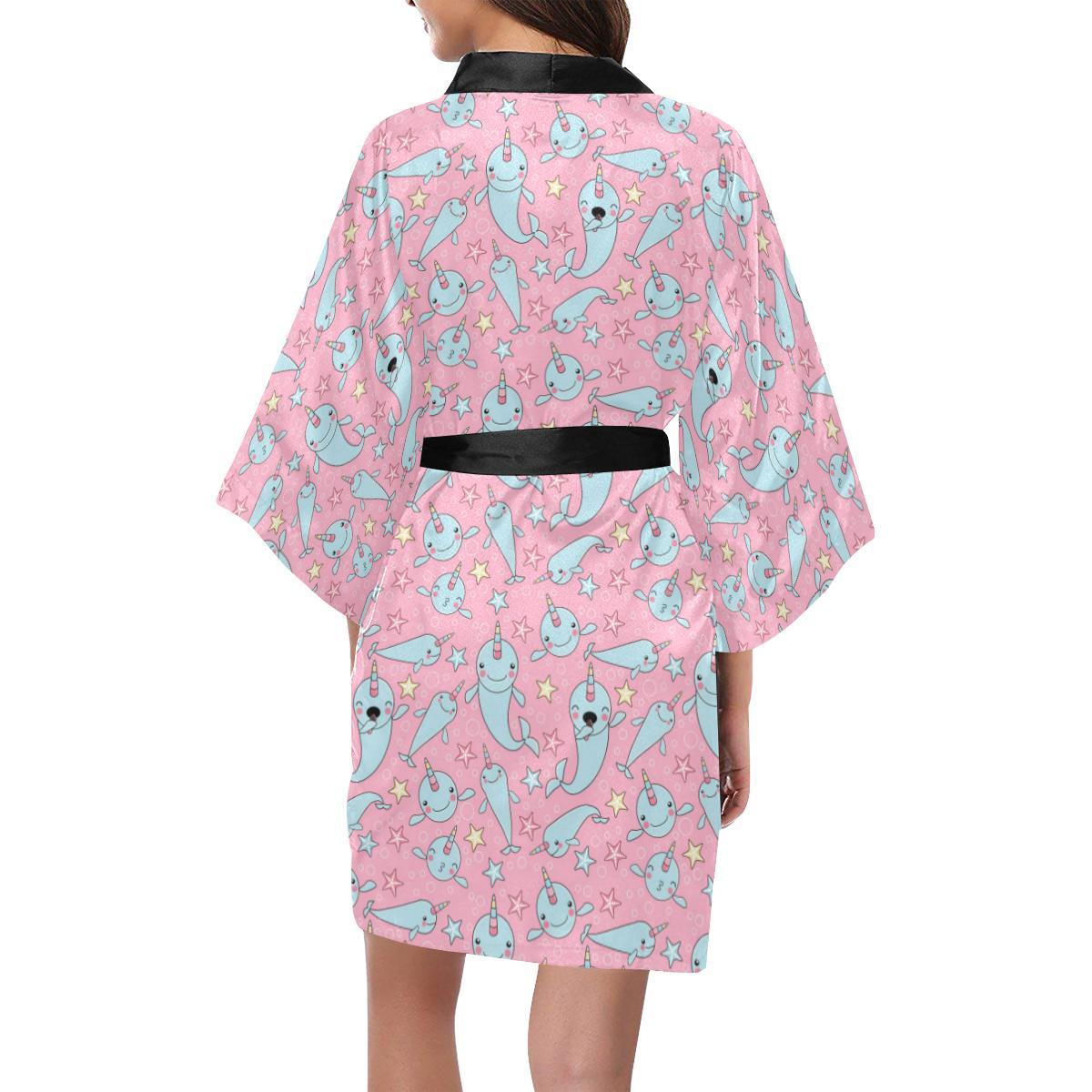 Narwhal Cartoon Cute Print Women Short Kimono Robe