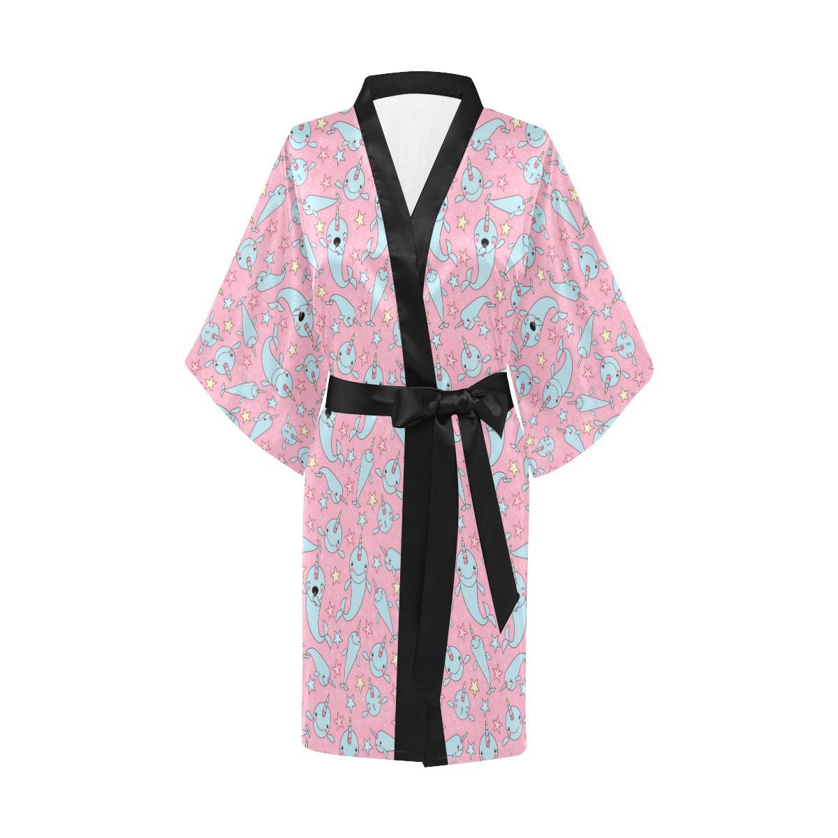 Narwhal Cartoon Cute Print Women Short Kimono Robe