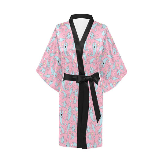 Narwhal Cartoon Cute Print Women Short Kimono Robe
