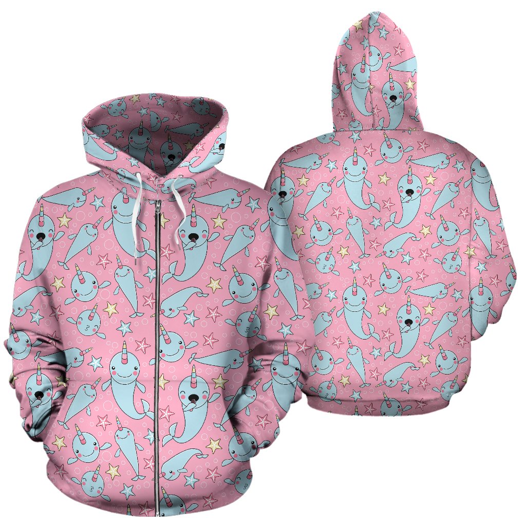 Narwhal Cartoon Cute Print Zip Up Hoodie
