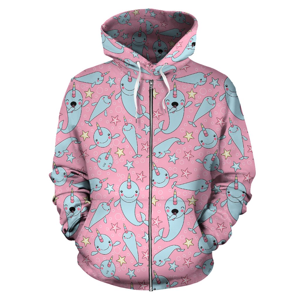 Narwhal Cartoon Cute Print Zip Up Hoodie