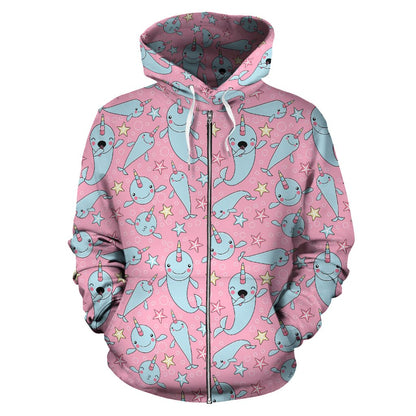 Narwhal Cartoon Cute Print Zip Up Hoodie