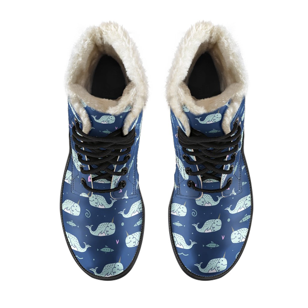 Narwhal Design Print Faux Fur Leather Boots-JTAMIGO.COM
