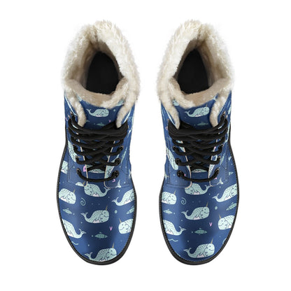 Narwhal Design Print Faux Fur Leather Boots-JTAMIGO.COM