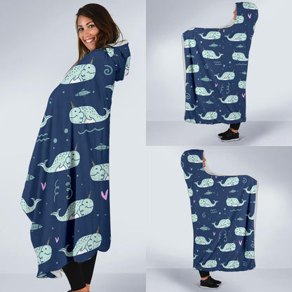 Narwhal Design Print Hooded Blanket-JTAMIGO.COM